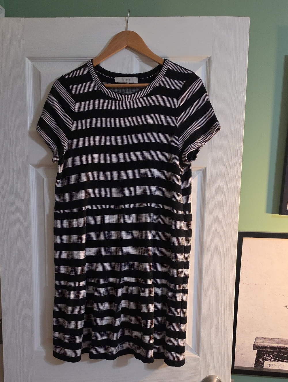 LOFT Black and White Striped Short Sleeve Knit Mini Dress